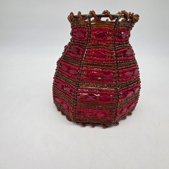 Beaded Candle Holder Lampshade Red & Brown Moroccan Style Glass Beads - Picture 4 of 8